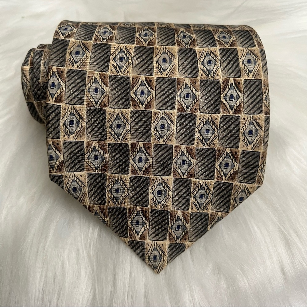 Pierre BALMAIN 100% Silk Designer Tie Beige‎ Geometric Vintage Luxury US-Made